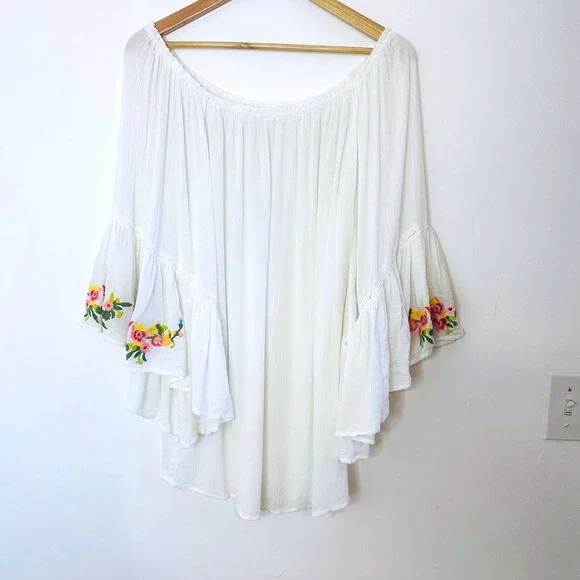 Johnny Was California Embroidered Off Shoulder Bell Sleeve Tunic Top mini  dress